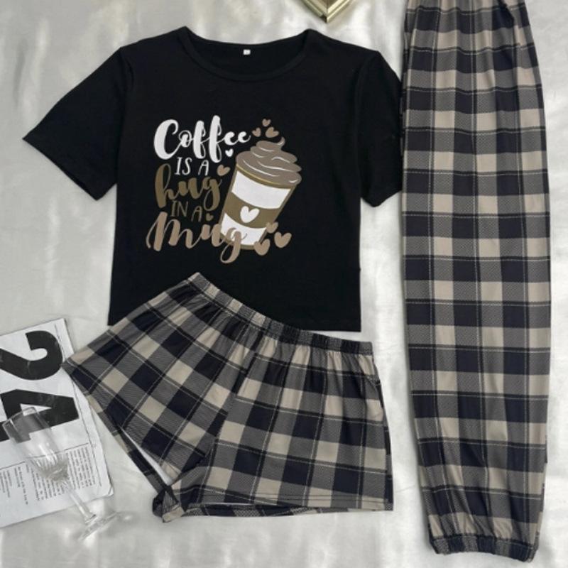 Sutli ipak 3 qismli pijamalar to'plami Ayollar Multfilm Kletkali Print Qisqa Yengli Yevropa Uslubidagi Uy Kiyimi Pijama Shortiklar Uxlash Shimlar Yozgi