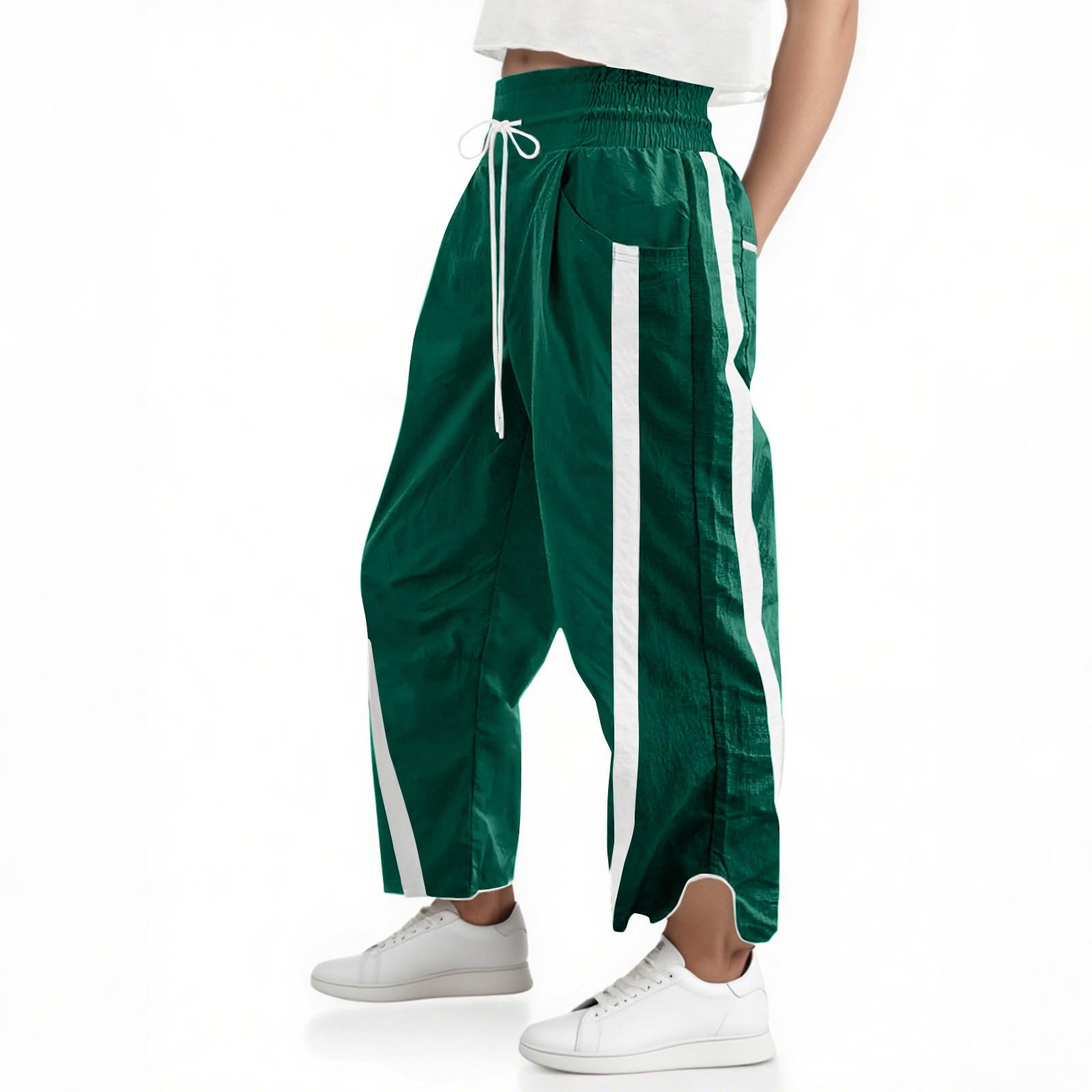 

Women s Baggy Wide Leg Pants Casual Drawstring Elastic Waisted Contrast Color Workout Track Pants L армія зелений колір