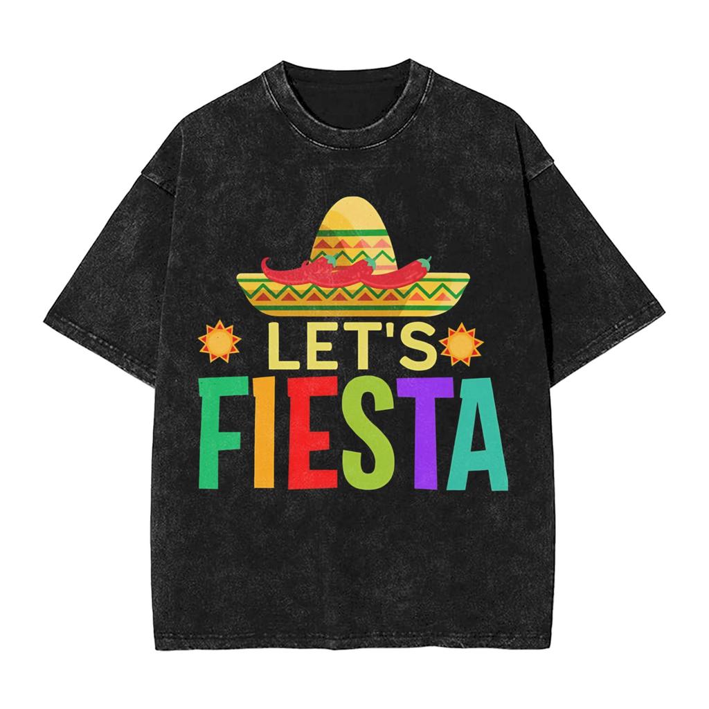 Men Women Tshirt Lets Party Fiesta Washed Tshirts Trendy Cool Summer Tees Y2k Retro Print Cotton Clothing New Arrival