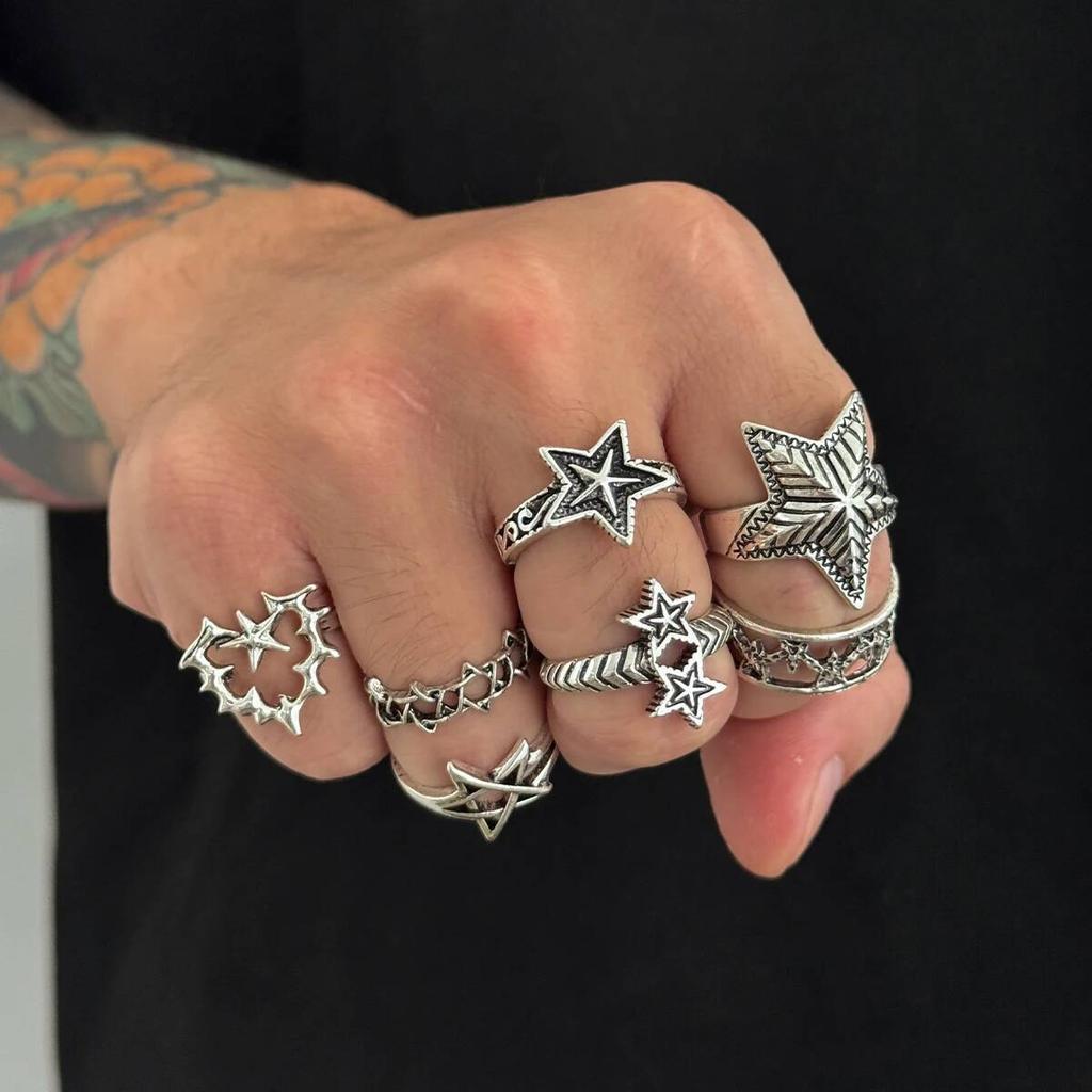 SHIXIN 7Pcs/Set Punk Geometric Stars Adjustable Open Rings Men Retro Goth Stackable Silver Color Knuckle Ring Hip Hop Jewelry