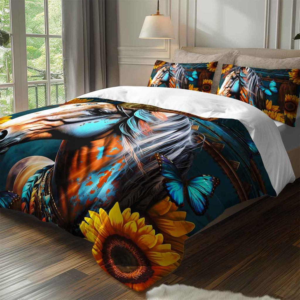 3pcs Sunflower Horse Butterfly Bedding Duvet Cover Set Bohemian Horse Bedding Set Bohemian Themed Bed Quilt Set Western Style