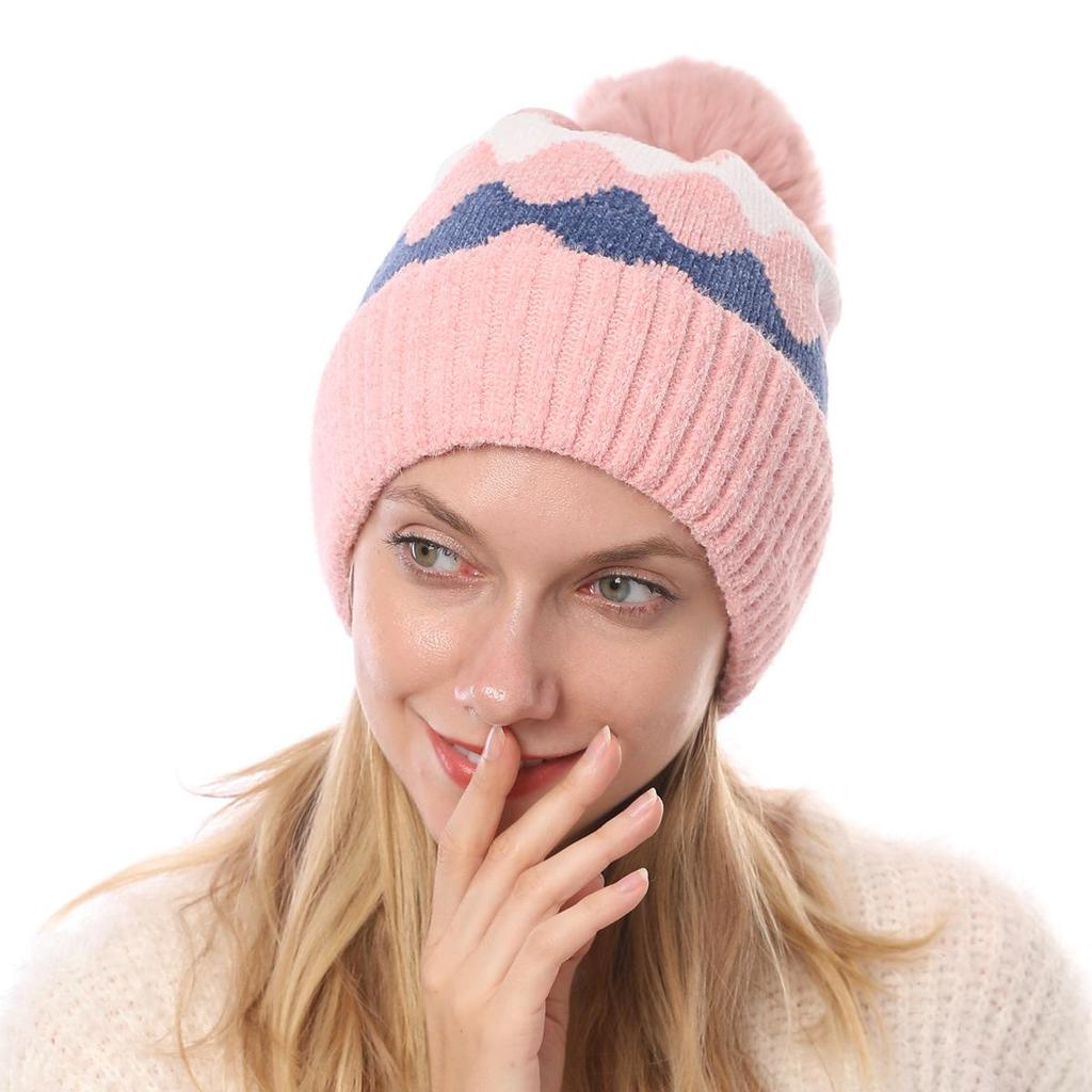 Women's Autumn Winter Plush Warm Knit Hat Chenille Soft Wave Wool Ball Wool Hat