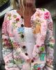 Women's Loose Fit 3D Print Round Neck Long Sleeve Cardigan Sweater