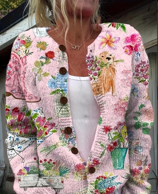 Women's Loose Fit 3D Print Round Neck Long Sleeve Cardigan Sweater