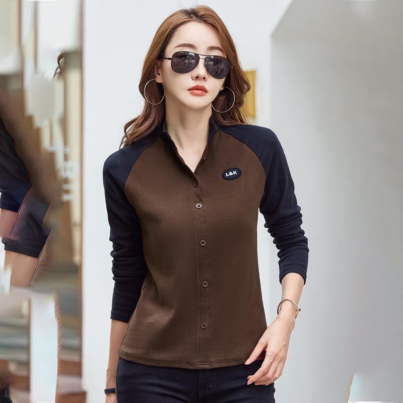 

Женская хлопковая футболка на пуговицах, весенняя офисная футболка с длинными рукавами и воротником-стойкой, корейская рубашка в стиле Харадзюку, рубашка больших размеров, топ 3XL кофейный