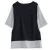 Minimalist Summer Polo Neck Women's Cotton Hemp Striped Patchwork Fashion Casual Short Sleeve Loose Fake Two Pieces T-Shirts Top