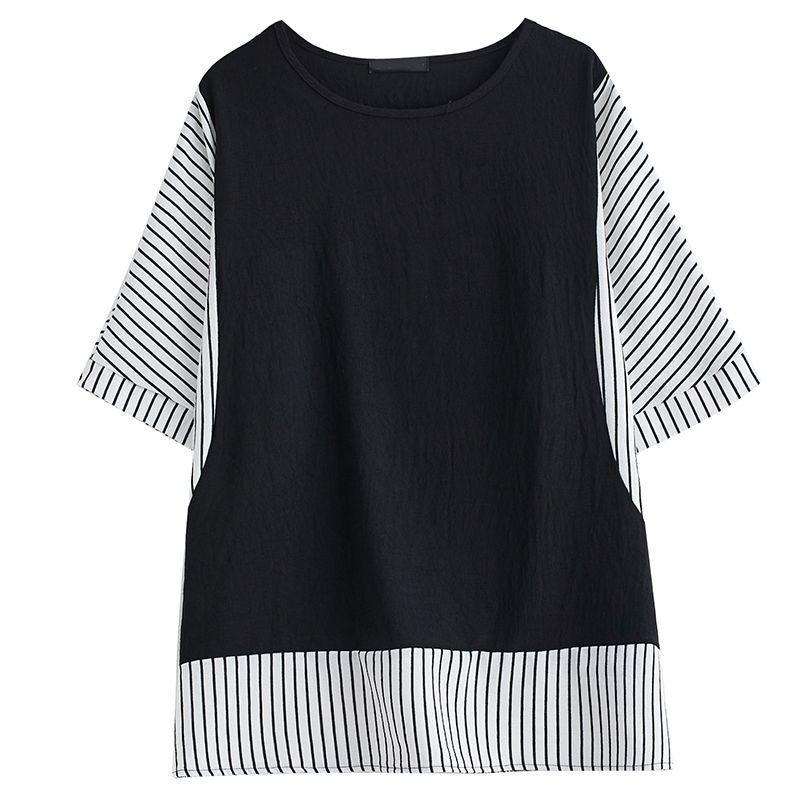 Minimalist Summer Polo Neck Women's Cotton Hemp Striped Patchwork Fashion Casual Short Sleeve Loose Fake Two Pieces T-Shirts Top