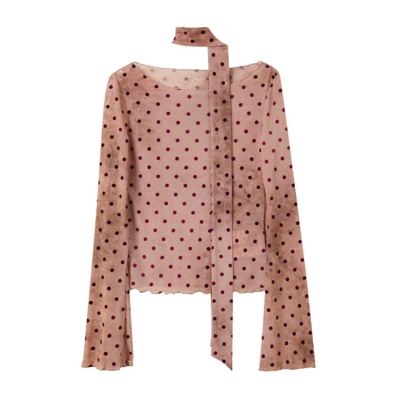 Женский сетчатый топ SanCai в горошек с рукавами-колоколами S