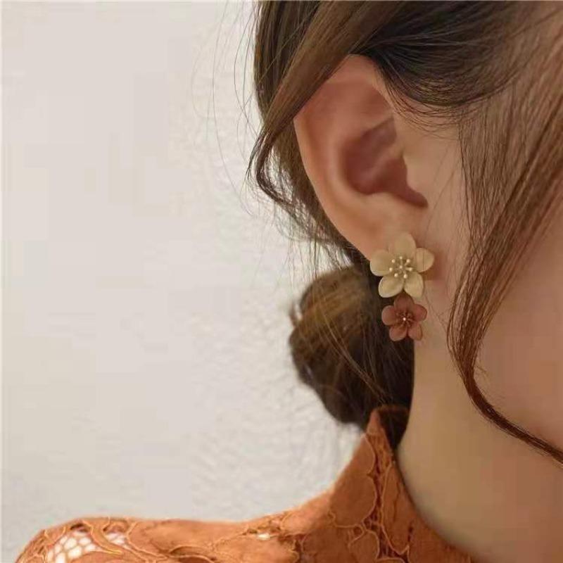 Brown Two Color Flower Drop Dangle Earrings for Women Korean Fashion Jewelry Wedding Party Girl Elegant Ear Decoration