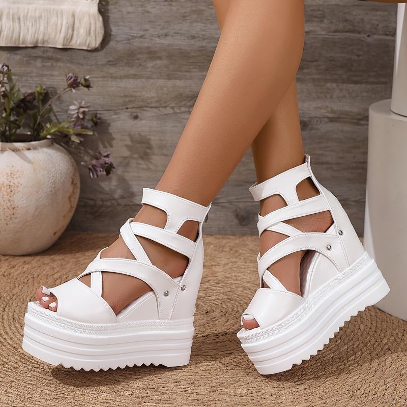 Women's White Faux Cover Wedge Sandals - 12cm Extra High Heel, Peep Toe with Cut-Out Design, Glossy Finish, Back Zipper Closure for Casual