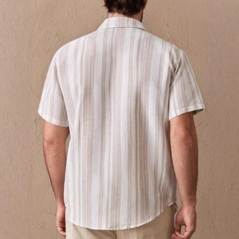 Summer Polo-neck Vintage Striped Printing Cardigan Shirt Male Short Sleeve Casual Fashion All-match Top Men