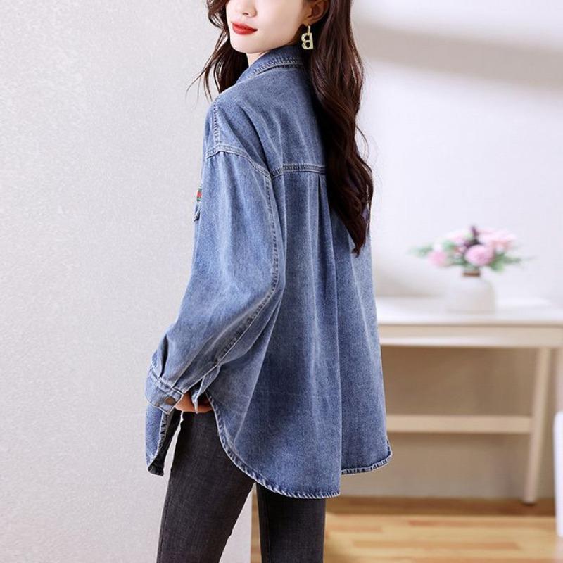 Casual Denim Shirt Women Spring Autumn Fashion Long Sleeve Vintage Loose Fit Mid Length Blouse Coat