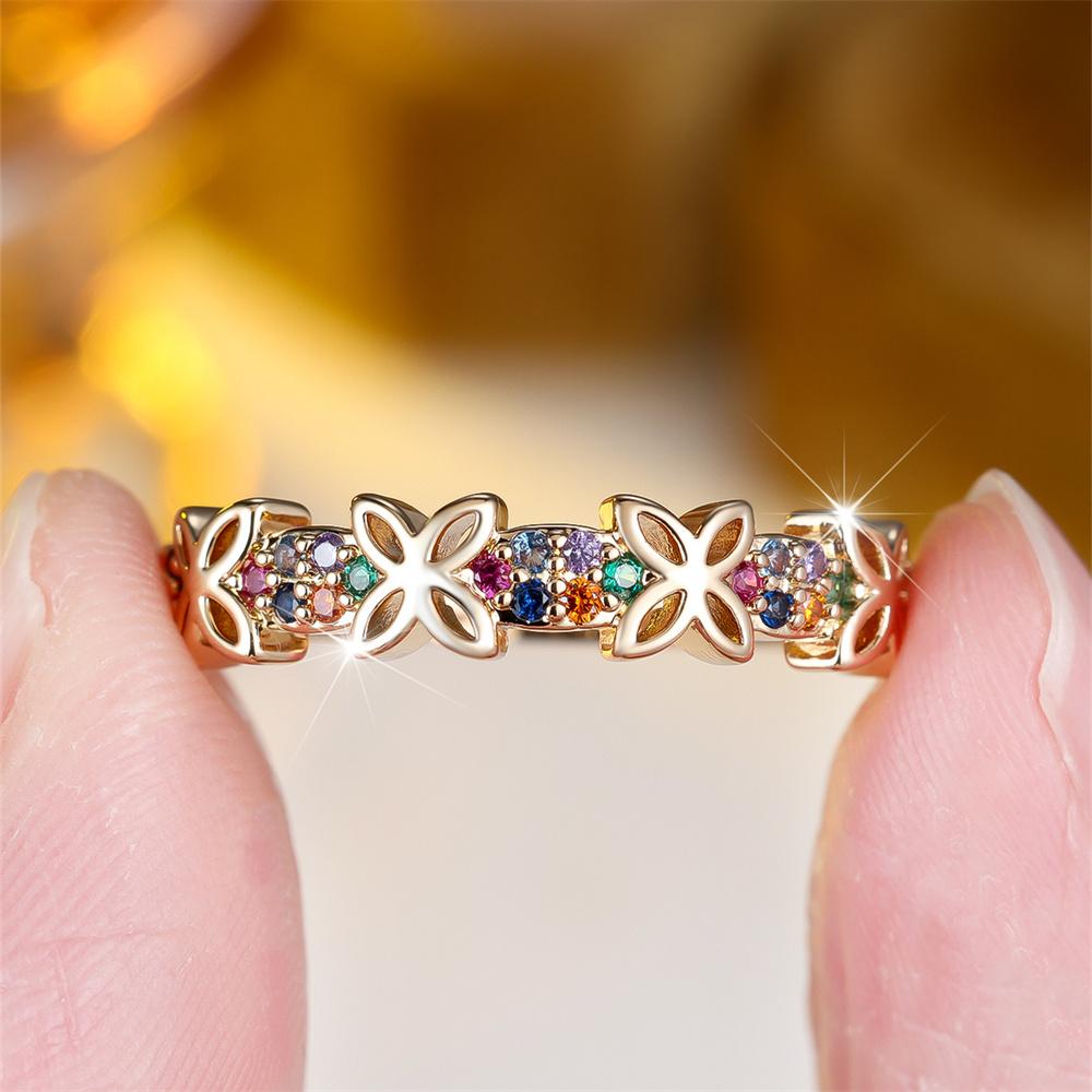 Rainbow Crystal Small Round Stone Butterfly Rings For Women Vintage Gold Color Engagement Ring Wedding Jewelry Bridal Party Gift