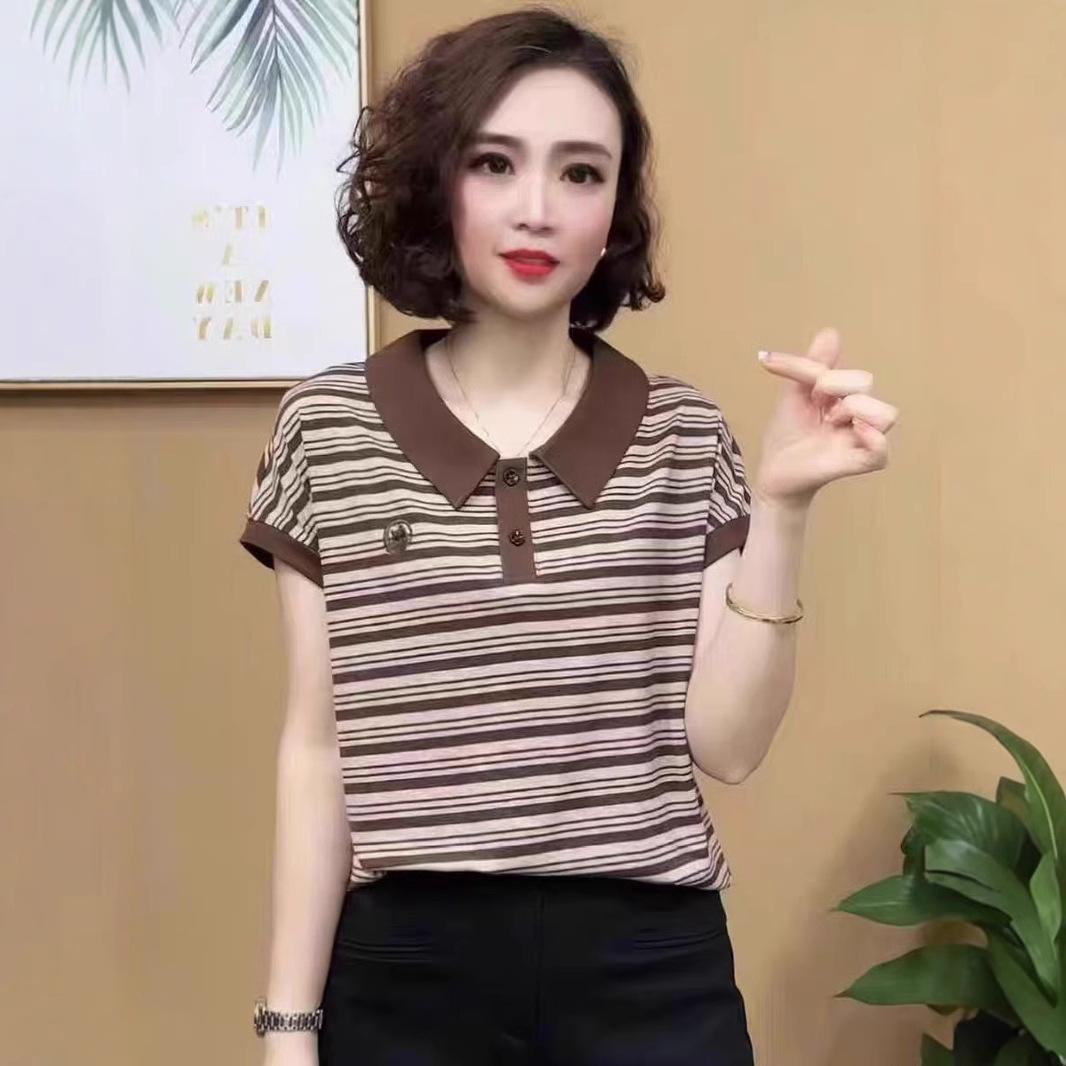 

2025 summer new striped polo shirt short-sleeved T-shirt small shirt women s loose large size top 4XL