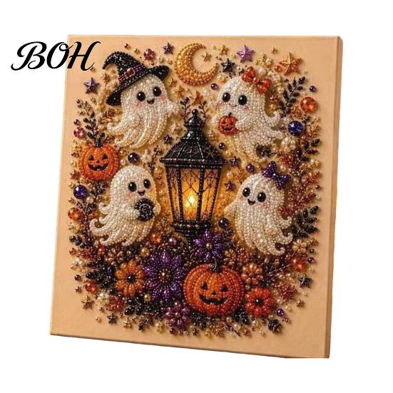 Unique Birthday Gifts for Her Ghost Faux Pearl Art DIY Kit with Frame, Halloween Cat Painting Craft Adults And Teens Kit, 3D Witch Pumpkin Adults,