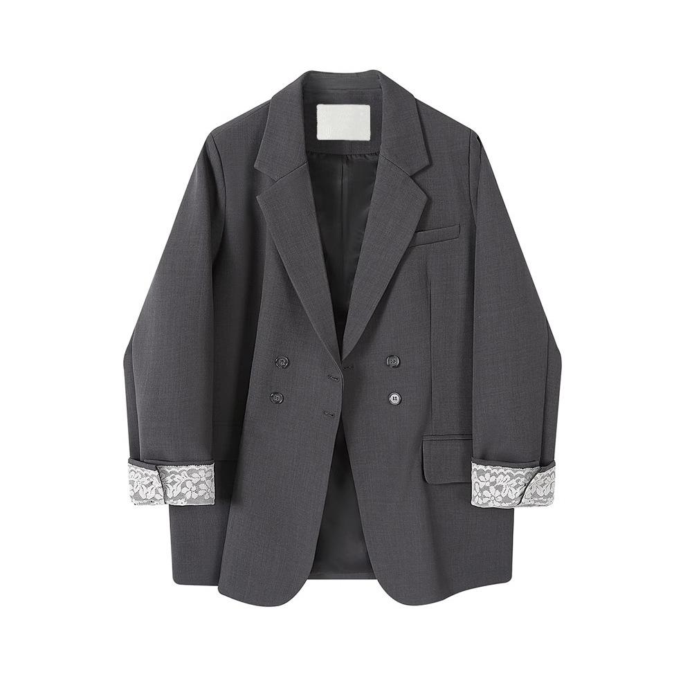Grau Schwarz Blazer Damen Blazer Frühling Herbst Spitze Patchwork Langarm Anzug Design Büro Dame Blazer Mantel XS grau