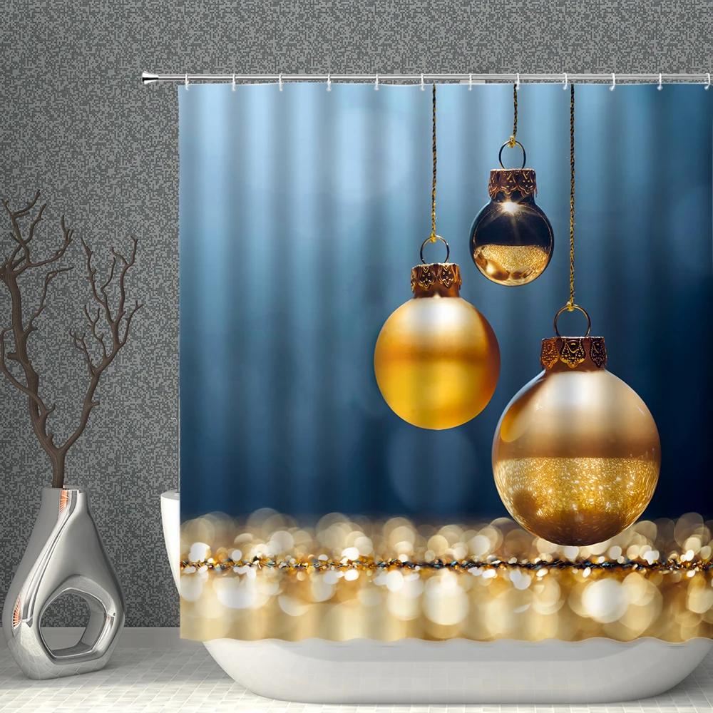 ChristmasTree Bells Shower Curtain Set Happy New Year Waterproof Polyester Cloth Curtains With Hooks Bathroom Home Decor