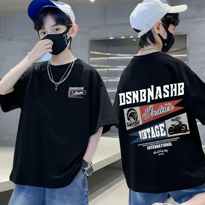 American retro boy short sleeved shirt summer boy T-shirt casual children's top children's clothing printed pattern T-shirt