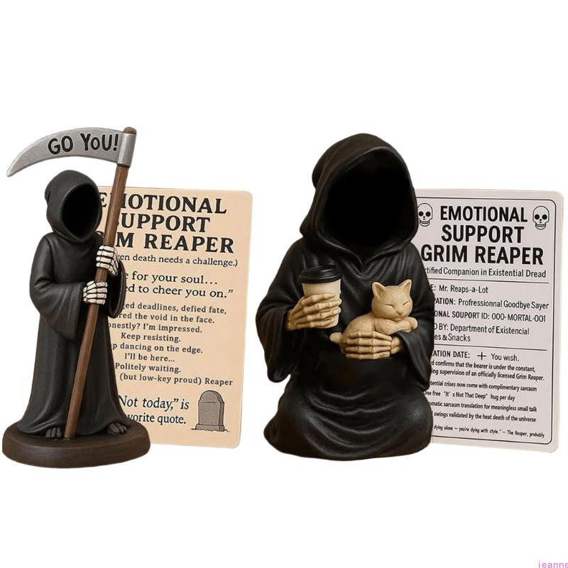 Fun Emotionally Support Statue Gothic Decors Resins Death Figurine With Napping Cats Design Halloween Encouragement Gift