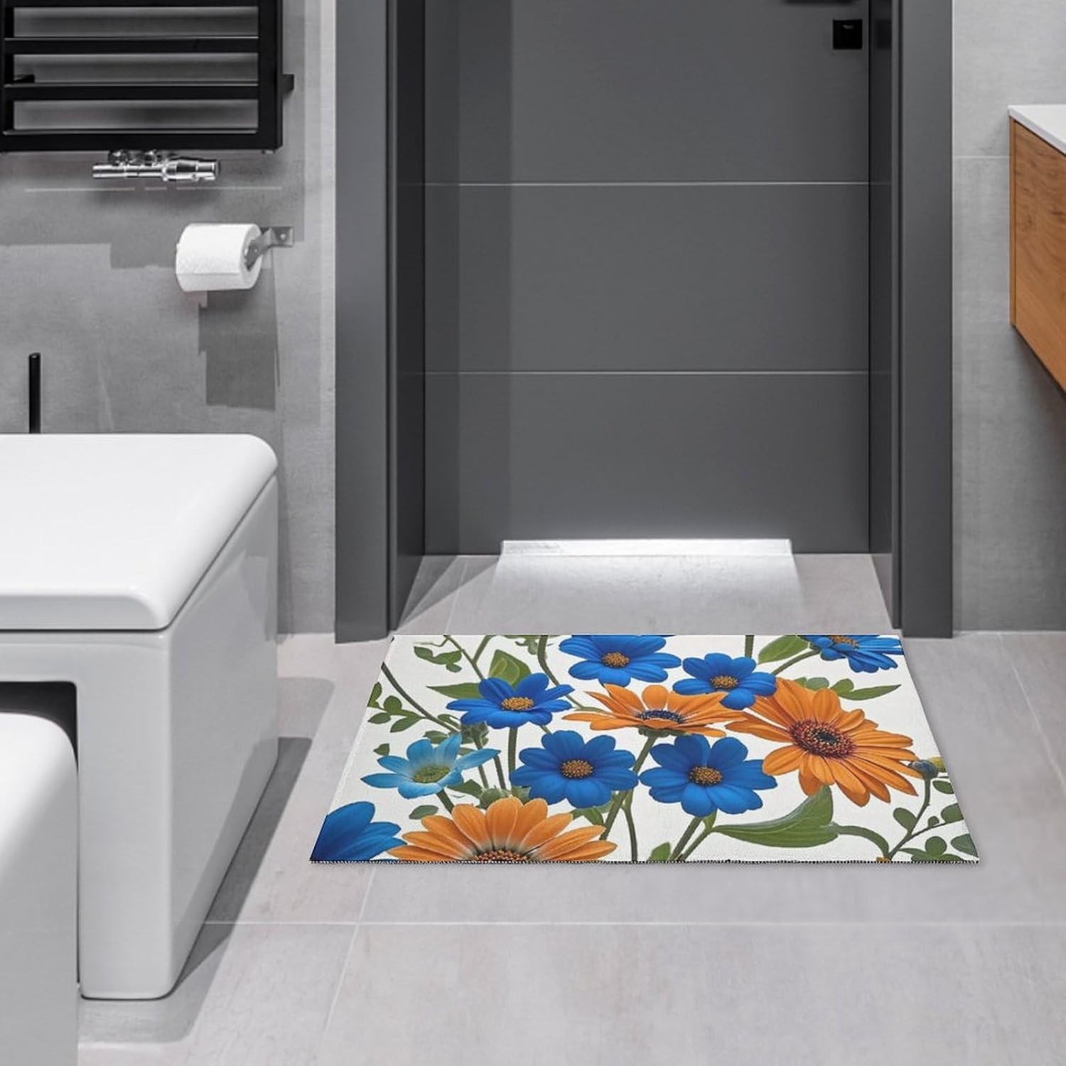 

Crystal velvet carpetBlue and Orange Flowers on White Background Area Rug for Living Room Non Slip Furry Carpet Indoor Machine W 60x90cm