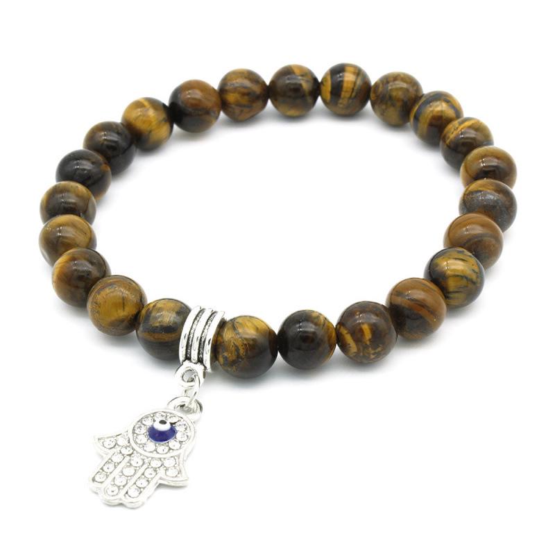 Tiger Eye & Turquoise Bracelet with Fatima s Hand Pendant - Popular in Europe & America, 8mm Beads.