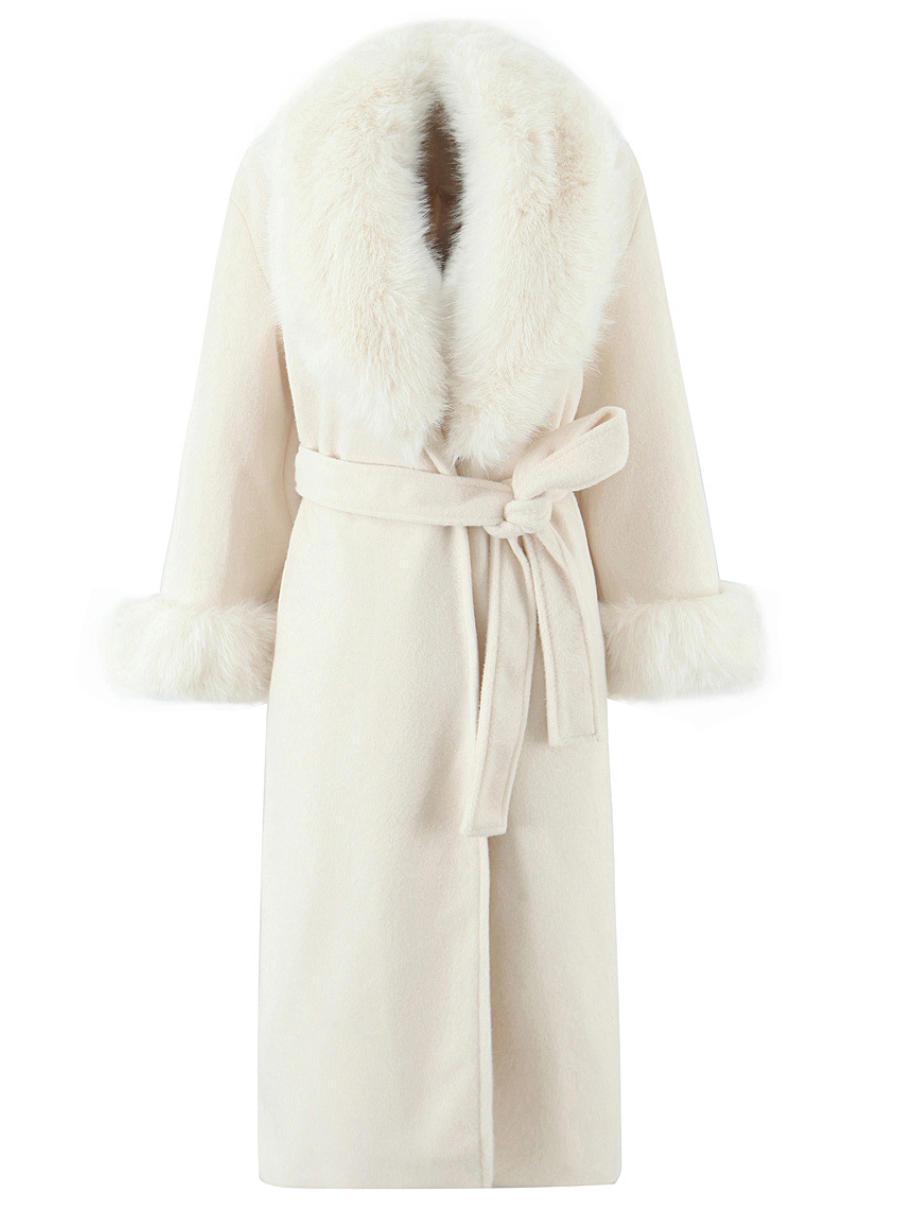 Women s Fashion Casual Fur Collar Lace-Up Mid-Length Slimming Jacket Small белый