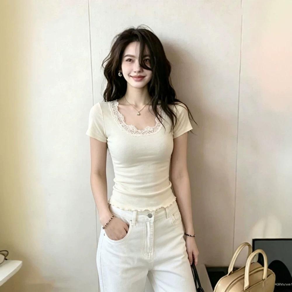 Korean Pure Desire Style Lace U-neck Short-sleeved T-shirt Women's Summer Slim and Thin Sweet Spice Girl Front Shoulder Temperament Beautiful Top