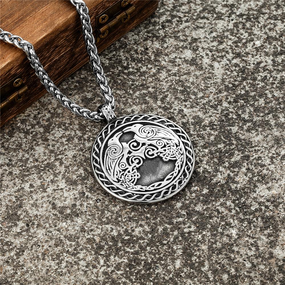 Vintage Norse Viking Odin's Crow Necklace Men Stainless Steel Nordic Mythology Raven Runes Talisman Pendant Scandinavian Jewelry