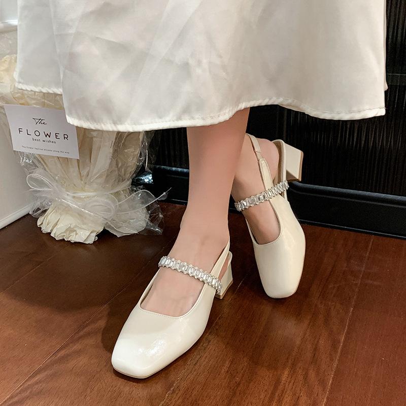 Fashion Elegant Rhinestone Strap Square - Toe Sandals | French - Style Mid - Heel, Perfect for Date & Dressy Looks