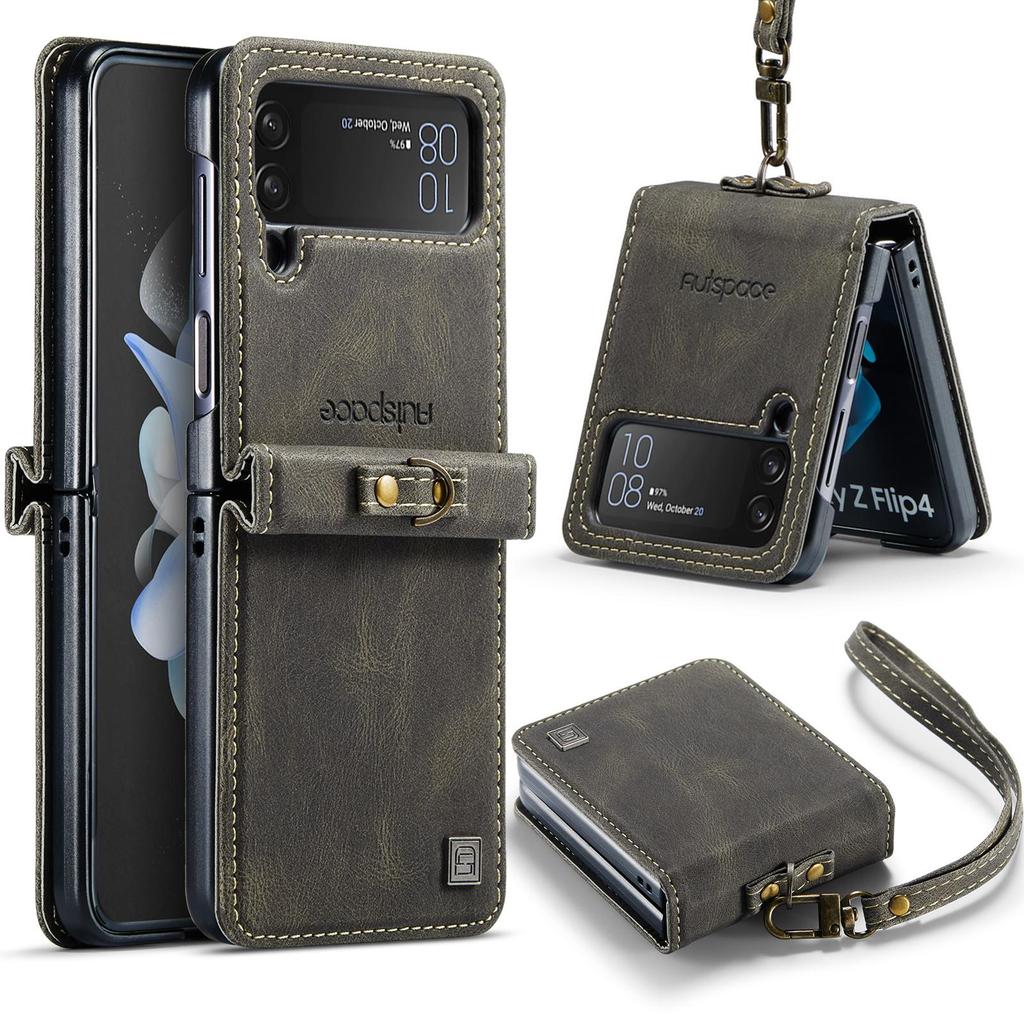 Étui à rabat pour Samsung Galaxy Z Flip 7 FE 6 4 5 5G Cuir PU Vintage Ultra Mince Dragonne Coque Arrière Rigide en PC Skin Cover Coque