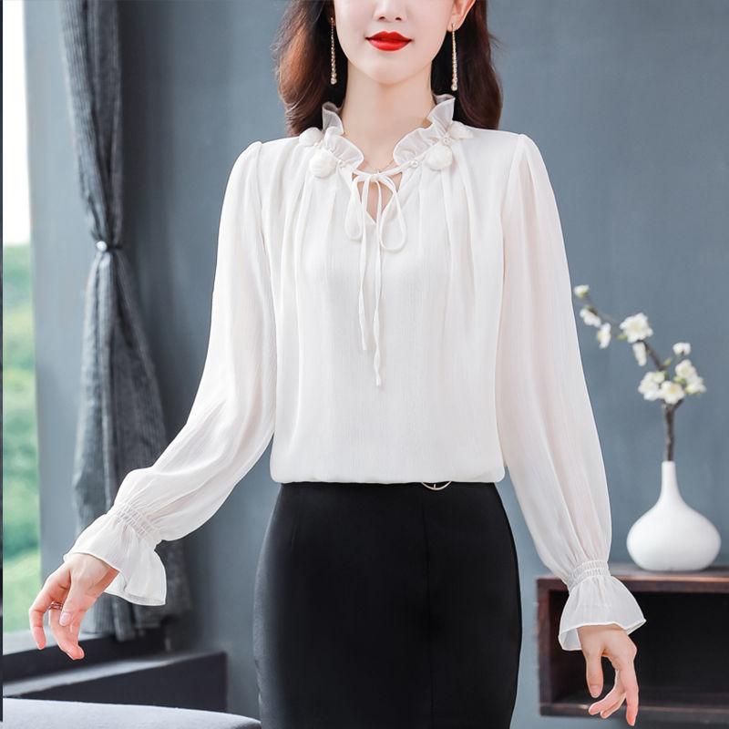 

Элегантная весенняя женская блузка с отделкой кружевом с бисером и завязками на шее, с длинным рукавом, шифоновая рубашка XXL белый