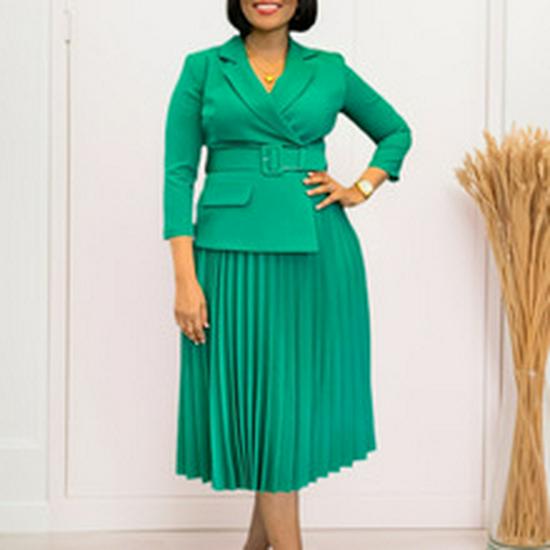 2024 Women's Fashion Lapel Long Sleeve High Waist Pleated Solid Color African Dress