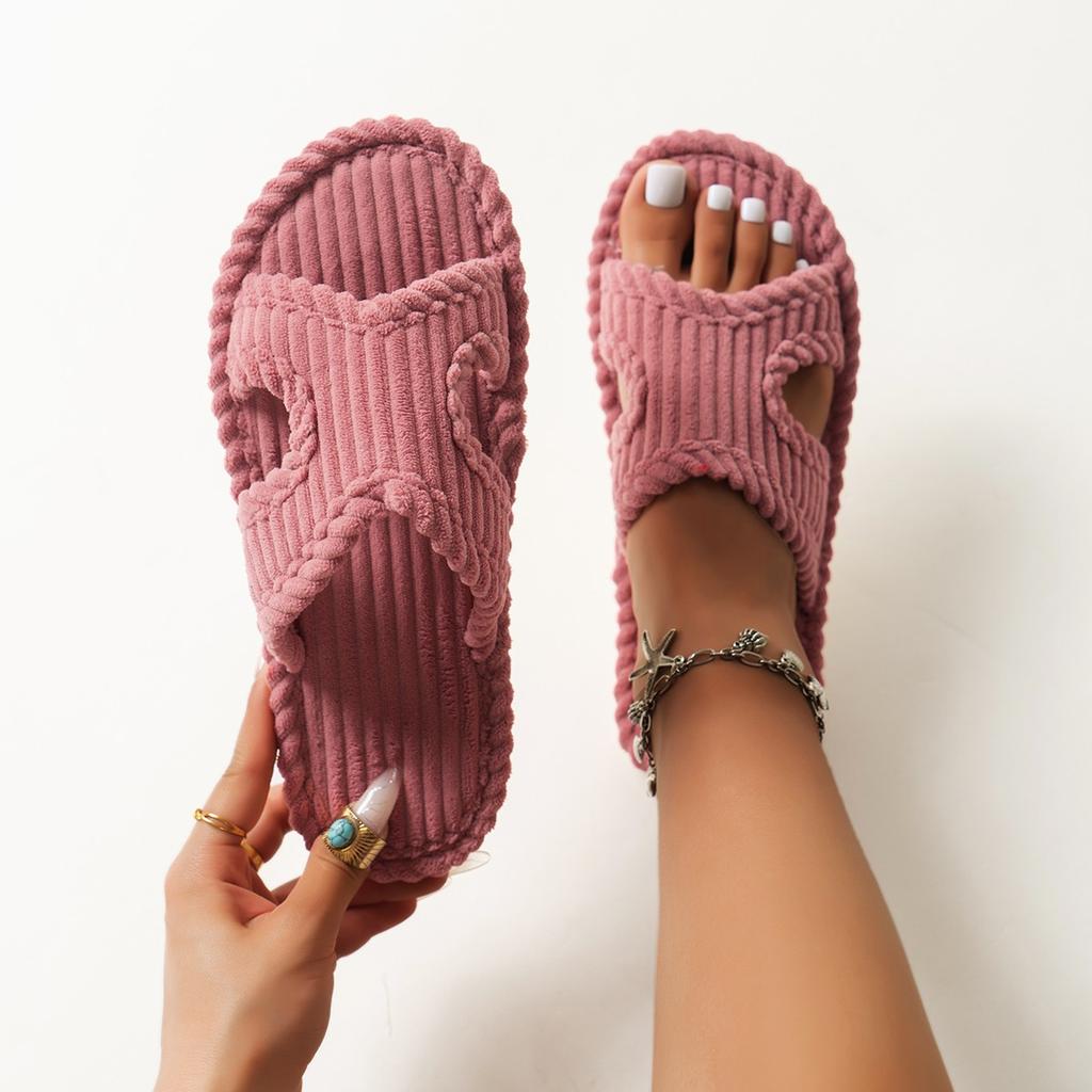 Fashion Solid Striped Women's Cotton Fabric Slippers Indoor Cross Strap Open Toe Flat Flip Flops Autumn Lightweight Comfort Slides