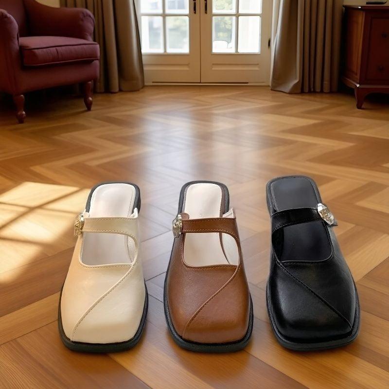 Fashion Metal Buckle One Strap Wrapped Toe Shoes Women's Fashion Square Toe Shallow Mouth Soft Sole Non-slip Low Heel Shoes