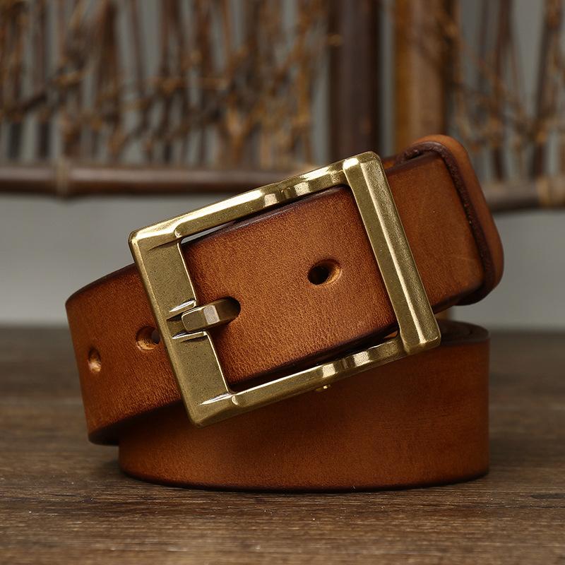 Men's Leather Belt Thickening Bolding Vegetable Tanned Full-Grain Leather Cowhide Brass Buckle Retro Genuine Leather Fashion