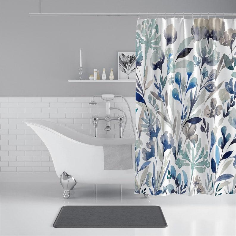 Blue Flowers On Shower Curtains | Floral Watercolor Print Shower Curtains | Bathroom Refresh Gifts | 71x74 In