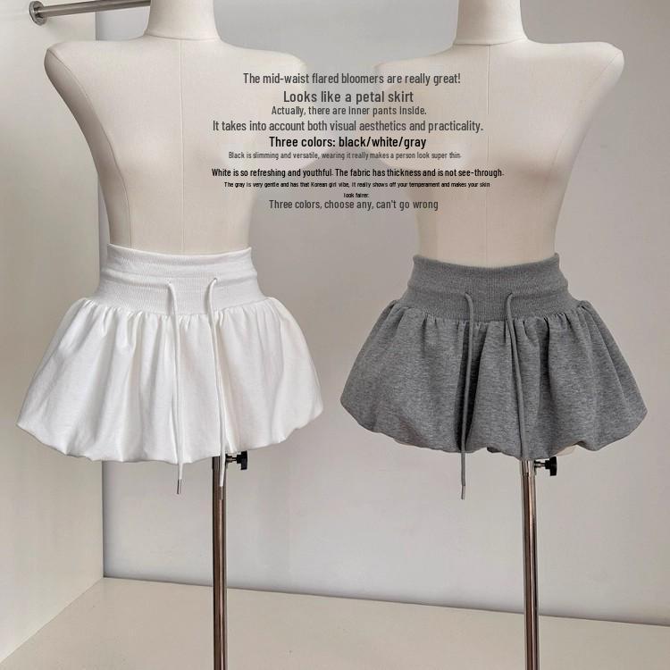 White Flower Bud A-line Skirt Pants for Women - Casual, Versatile, Elastic Mid-Waist, Puffy and Short for Summer