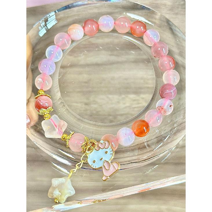 Natural Five Elements Multi-Gemstone White Crystal, Amethyst, Green Phantom Quartz, Strawberry Quartz Multi-Gemstone Single-Strand Bracelet for