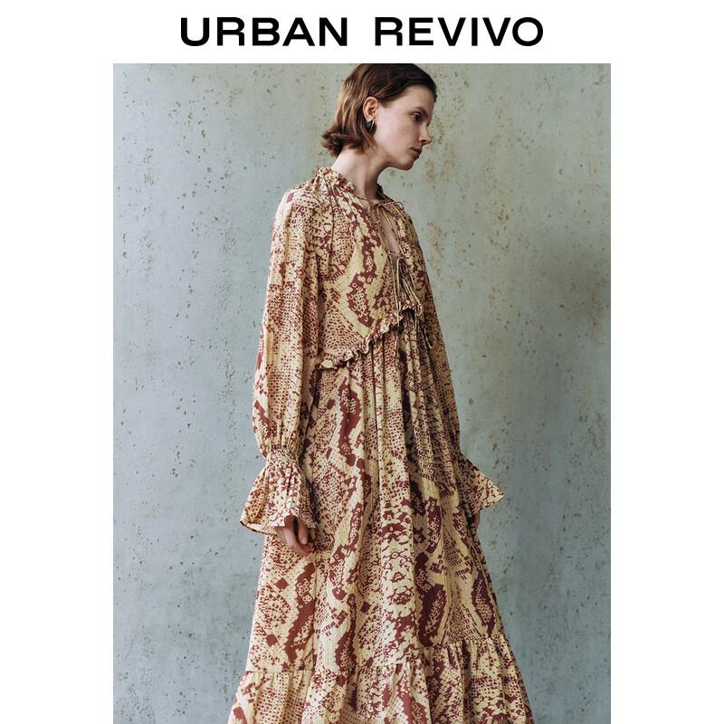 UR 2025 Spring Women's Colorblock Print Tie-Waist Dress