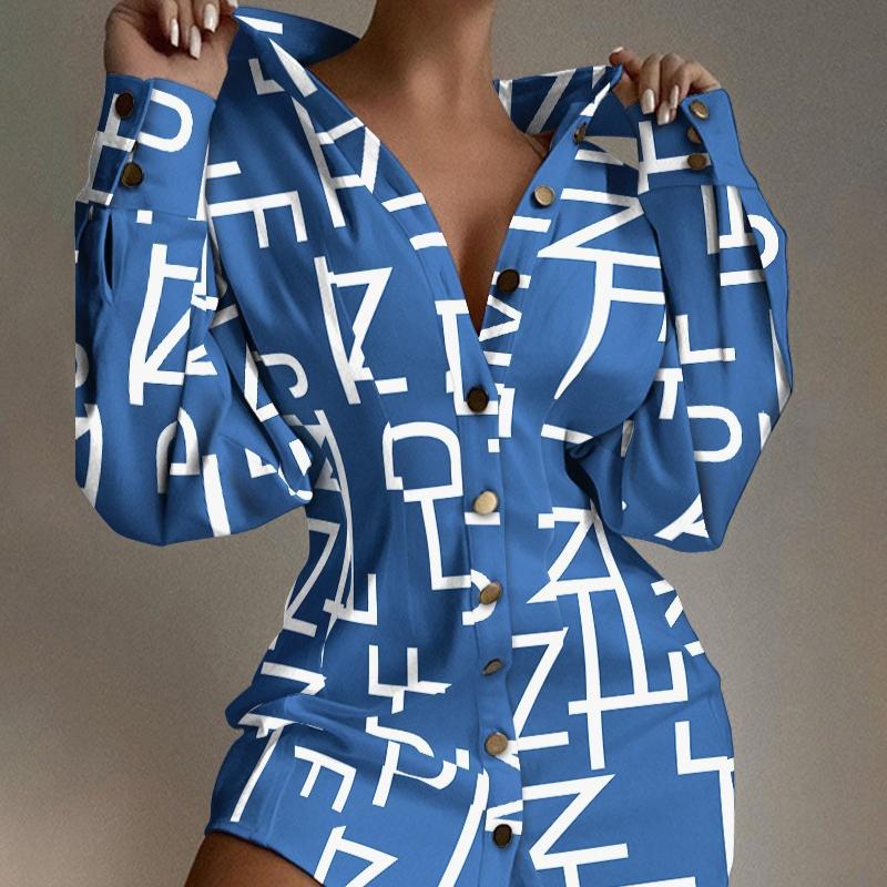 

Женская блузка с V-образным вырезом и принтом на талии, украшенная пуговицами, 2025, новая модная сексуальная рубашка средней длины с длинным рукавом 2XL синий