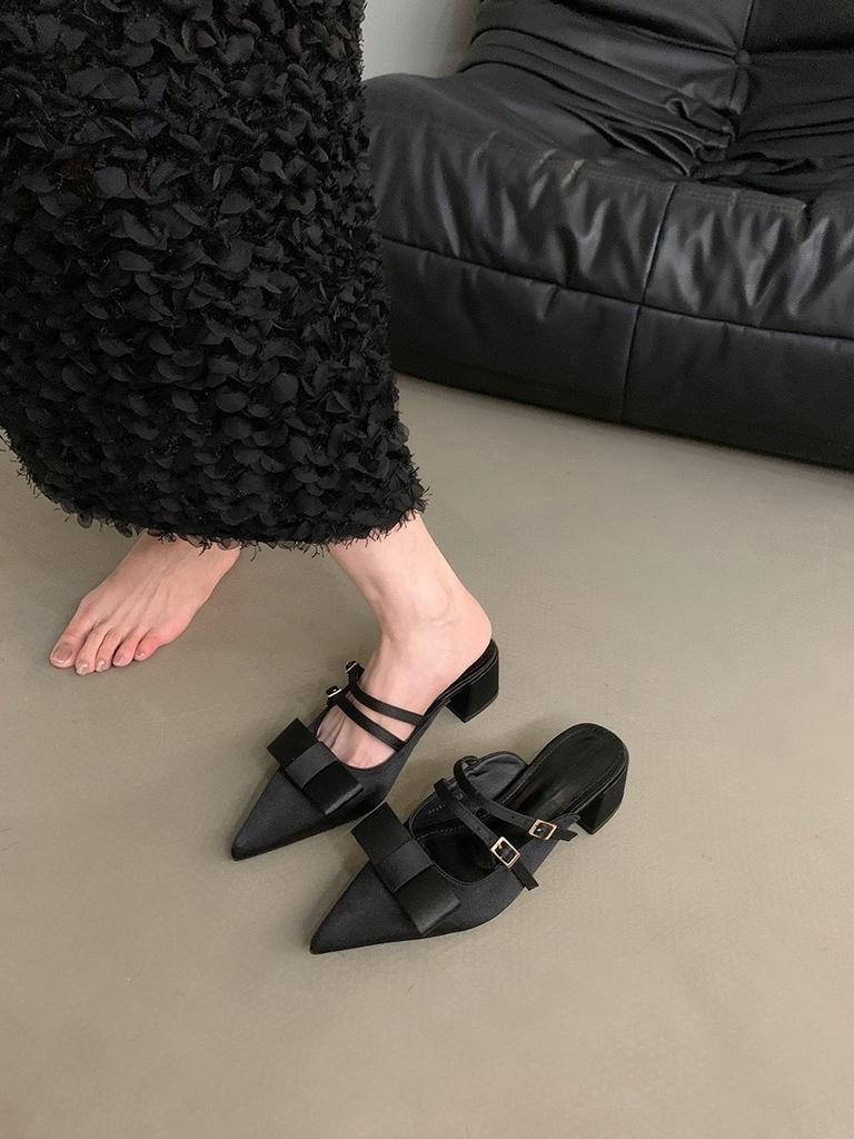 Pointed Toe Sandals Bow New French Thick Heel Bag Head Half Slippers Women's Shoes 2025 Summer Mary Jane Outer Wear