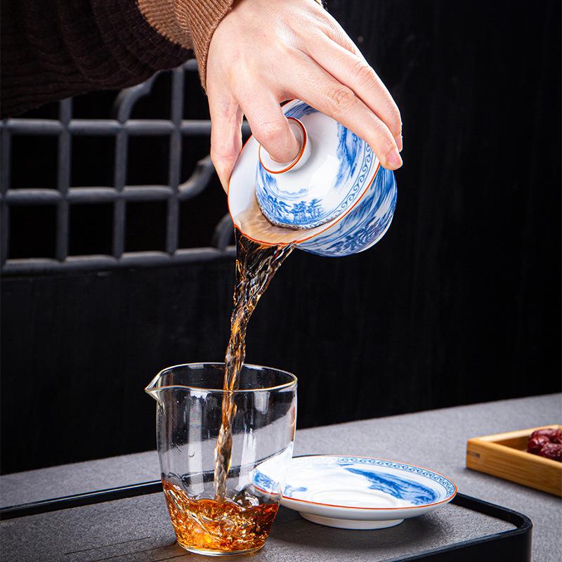 Dehua Gaiwan Cup Ceramic Large Single Sancai Bowl Kung Fu Tea Set Blue and White Porcelain Household