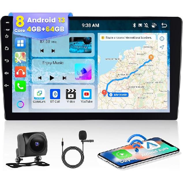 Hikity 8 Core 2+64GB Android 13 Car Stereo Double Din with Wireless Apple Carplay Android Auto, 9  Touch Screen Car Radio with GPS/WiFi/EQ/BT/Backup 8 Core 4+64G