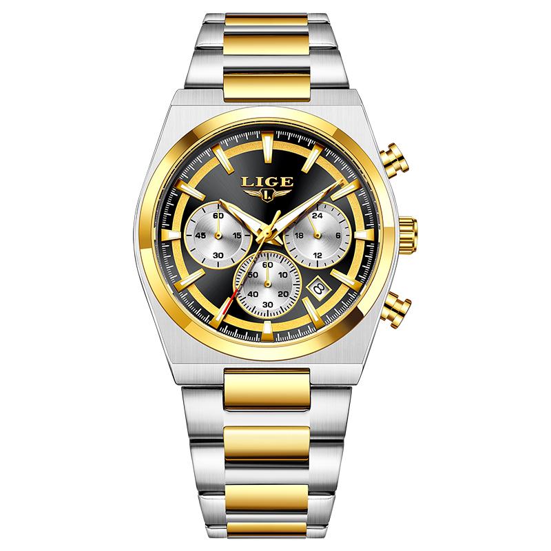 LIGE Chronograph Man Watch Fashion Business Quartz Wristwatches Waterproof Stainless Steel Luminous Auto Date Mens Watches
