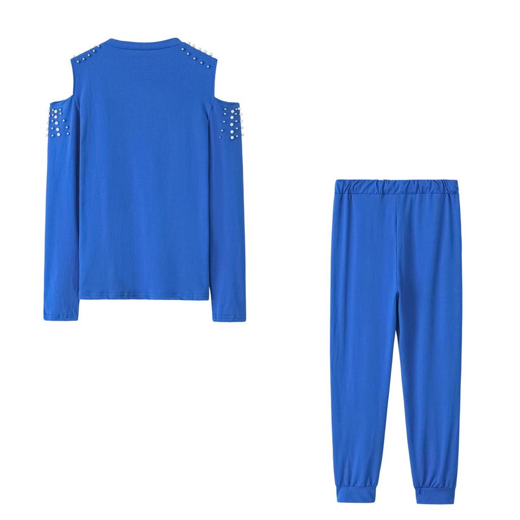 Autumn Women's Off-Shoulder Beaded Sportswear Two-Piece Set