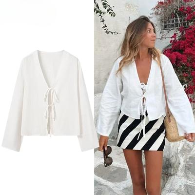 White Cropped Blouses for Women Tied Casual Shirts and Blouses Woman Long Sleeve Crop Top Female Summer Beach Blouses