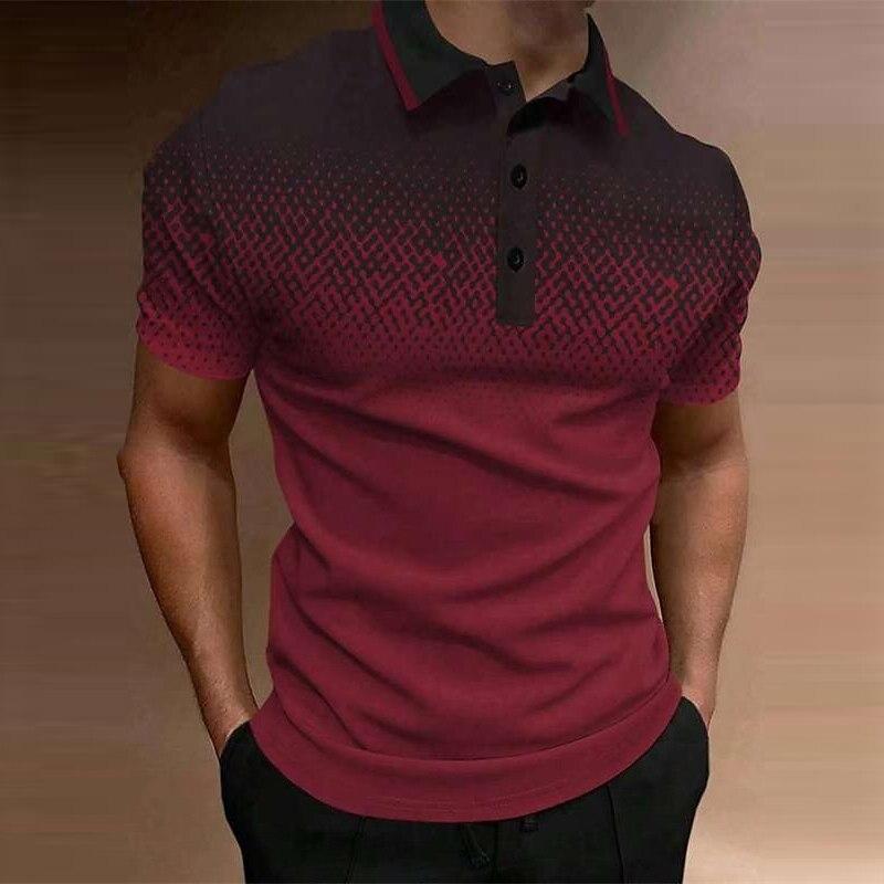 Summer Lapel 3D Gradient Pattern Print Top Fashionable Casual Button Short Sleeved Men's Polo T-shirts