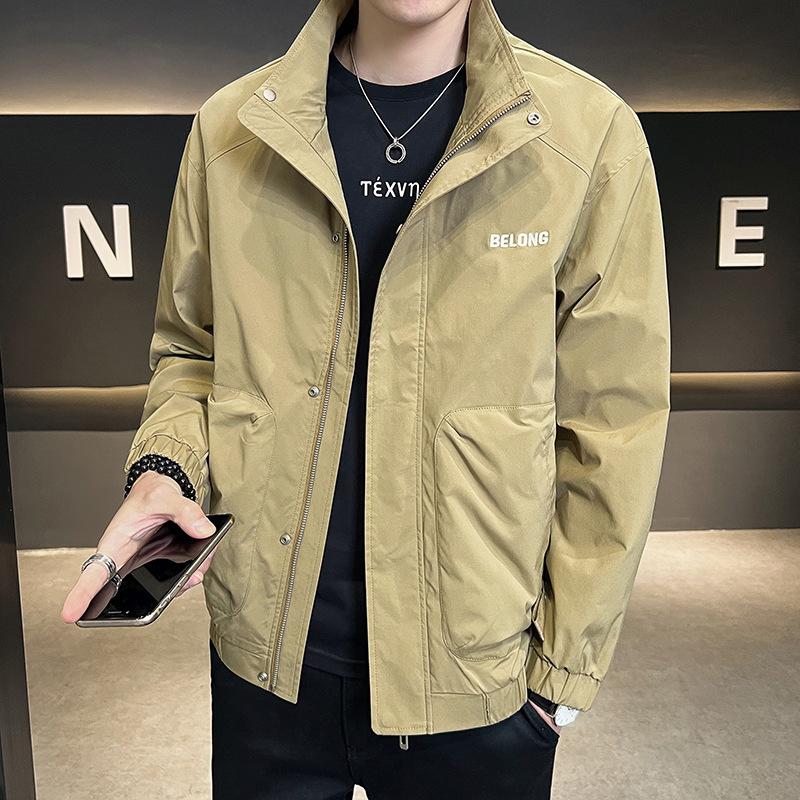 

Spring and autumn tooling jacket men s trendy brand sense stand-up collar clothes trendy casual versatile slim-fitting embroidered jacket 3XL хаки