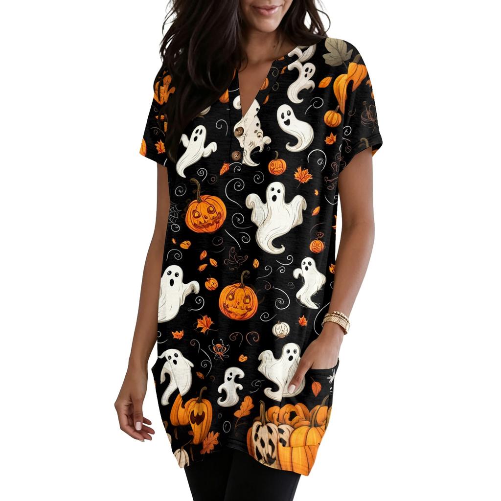 Women's V Neck Halloween Print Short Sleeve Pullover Dress with Pockets Casual Loose Fit Tunic Top