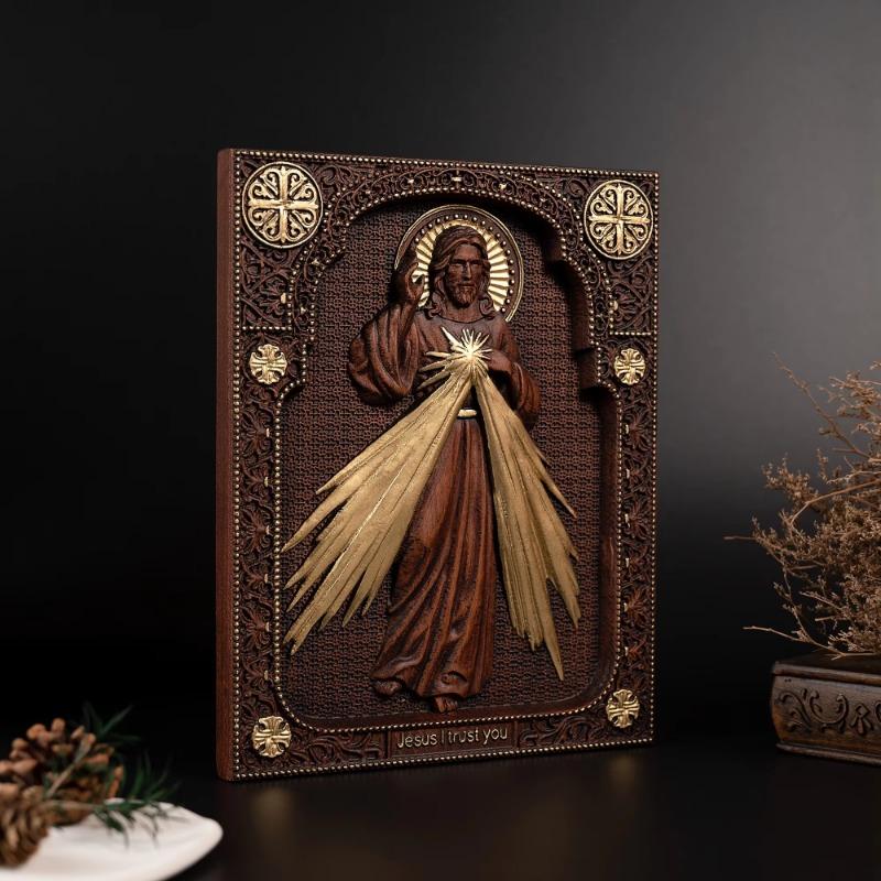 The Sacred Heart and Divine Mercy Jesus Christ Wood Wall Plaque, Catholic Family Prayer, Jesus Image, Religious Decor Ornaments